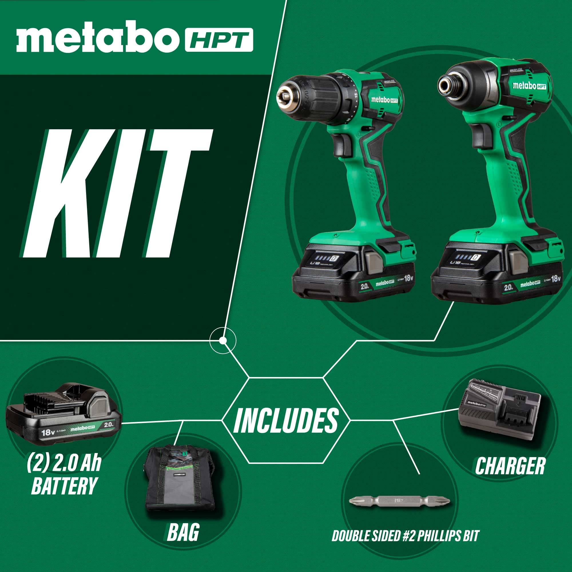 Metabo HPT 18V MultiVolt™ Sub-Compact Driver Drill/Impact Cordless Combo Kit | High Torque | Brushless Motor | Lifetime Tool Warranty | KC18DDXS