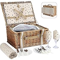 Vintage-Style Picnic Basket Wicker Picnic Hamper for Camping,Outdoor,Valentine Day,Thanks Giving,Birthday S Red Stripe Classic Wicker Picnic Basket with Liner 
