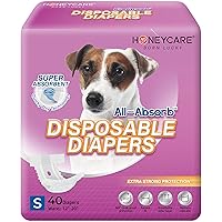 HONEY CARE All-Absorb Disposable Female Dog Diapers Small Size, Improved, 40 Count, Super Absorbent, Breathable, Wetness Indicator