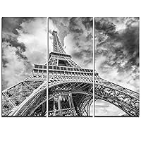 Designart Black and White View of Paris Eiffel Tower-Cityscape Canvas Art Print-36x28in-Multipanel 3 Piece, 36 x 28 in-3 Panels, Blue