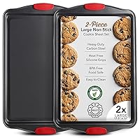 Baking Sheet Set, 2-Piece Large Cookie Sheet Set with Silicone Handles, Steel Baking Pan, Baking Sheets for Oven, BPA Free Nonstick Set, Half Sheet Pans, Black Baking Tray