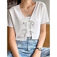 Women's Tops Sexy Tops for Women Shirts 1pc Knot Front Lettuce Trim Tee Shirts for Women (Color : White, Size : Large)