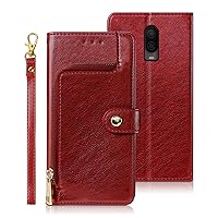 Oneplus 6T Case, Compatible for Oneplus 6T Phone Cases Wallet Silicone Flip PU Leather Holsters Handbag Cover [Metal Zipper Pocket] Magnetic Closure Card Slot Holder with Wrist Strap,Red