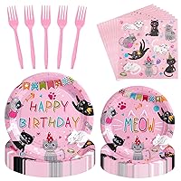 122 Pieces Cat Birthday Party Supplies Disposable Cat Themed Tableware Include 24 Dinner Plates 24 Dessert Plates 50 Paper Napkins 24 Forks Kitten Birthday Party Decorations for 24 Guests