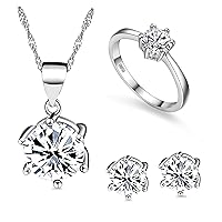 Uloveido Silver-Tone Round Cut Cubic Zirconia Simple Earrings Ring and Pendant Necklace Jewelry Set T043
