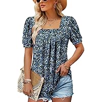 BETTE BOUTIK womens dressy shirts cotton square neck t shirt floral womens flowy tops with sleeves Romantic Blue X-Large