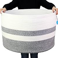 Casaphoria XXXLarge Cotton Rope Basket for Living Room - Woven Storage Basket with Handle for Blankets, Towels and Pillows Laundry Hamper | White and Grey (22
