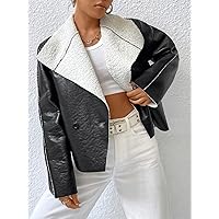 Women's Jackets Jackets for Women Teddy Lined Waterfall Collar Double Button Jacket Lightweight Fashion (Color : Black and White, Size : X-Small)