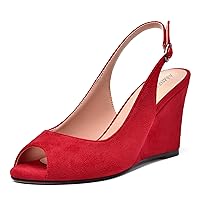Womens Sexy Evening Buckle Suede Solid Slingback Peep Toe Wedge High Heel Pumps Shoes 3.3 Inch