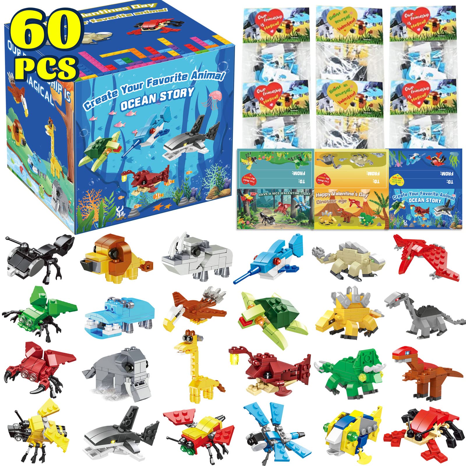 60 Pack Valentines Day Cards for Animal Building Blocks,Valentines Cards for Kids Classroom Party Favors Exchange Prize for Kids Valentine’s Greeting Cards with Animal Building Blocks