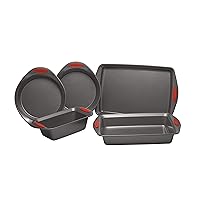 Rachael Ray Nonstick Bakeware with Grips includes Nonstick Bread Pan, Baking Pan, Cake Pans and Cookie Sheet / Baking Sheet - 5 Piece, Gray with Red Grips
