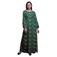 Bimba Moss Georgette Leaves,Madhabilata & Peony Floral Printed Women's Long Sleeve Maxi Dress Elastic Waist Gown-Medium