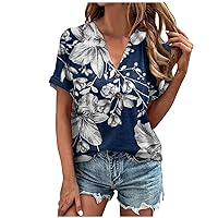 Womens Summer Tops Floral Short Sleeve V Neck Blouses for Women Dressy Casual Loose Shirts