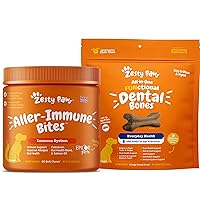 Zesty Paws Allergy Immune Supplement for Dogs - with Omega 3 Salmon Fish Oil + Dental Bones for Large Dogs - Fights Tartar & Plaque