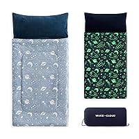 Wake In Cloud - Glow in The Dark Sleeping Bag with Pillow, Fleece Nap Mat for Toddler Kids Boys Girls, Winter Cold Weather Daycare Kindergarten Sleepover Travel Camping, Spaces Rockets on Navy Blue