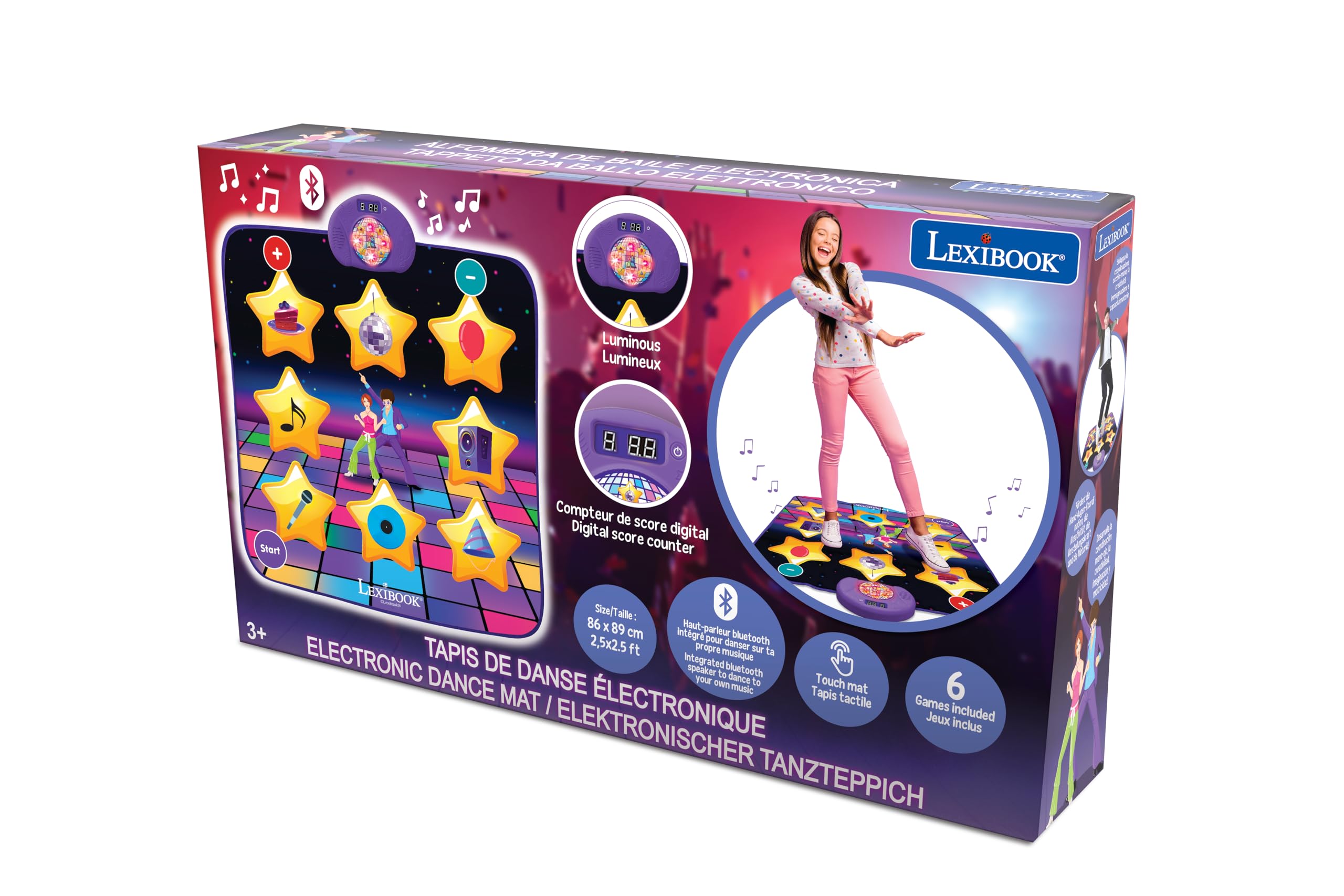 LEXiBOOK, Electronic Dance Floor Mat, Illuminated Keys, Built-in Speaker, Purple/Yellow, DM10