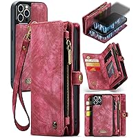 ZORSOME Wallet Case Cover for iPhone 12 Pro,2 in 1 Detachable Premium Leather PU with 8 Card Holder Slots Magnetic Zipper Pouch Flip Lanyard Strap Wristlet for Women Men Girls,Red
