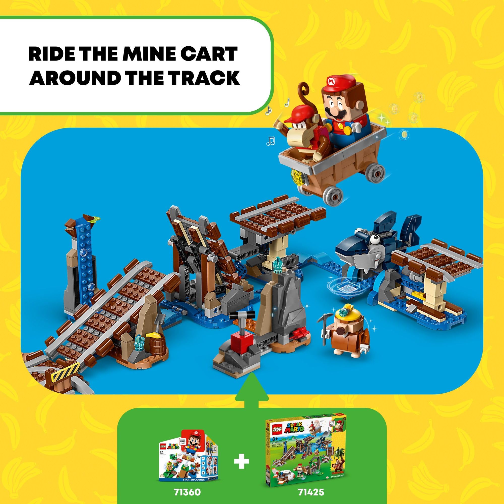 LEGO Super Mario Diddy Kong's Mine Cart Ride Expansion Set 71425, Collectible Building Toy with Brick Built Funky Kong Figure, Super Mario Gift Set for Kids Ages 8-10 to Combine with a Starter Course