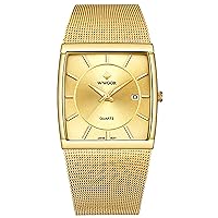 Men's Classic Analogue Quartz Date Stainless Steel Milanese Mesh Bracelet Ultra Thin Rectangle Luminous Wrist Watch, Rose Gold