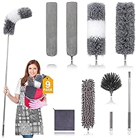 Microfiber Duster for Cleaning Fan, High Ceiling, Blinds, Furniture, Cars , 9PCS Extendable Feather Duster (Stainless Steel) 30 to 100 Inches, Reusable Bendable Washable