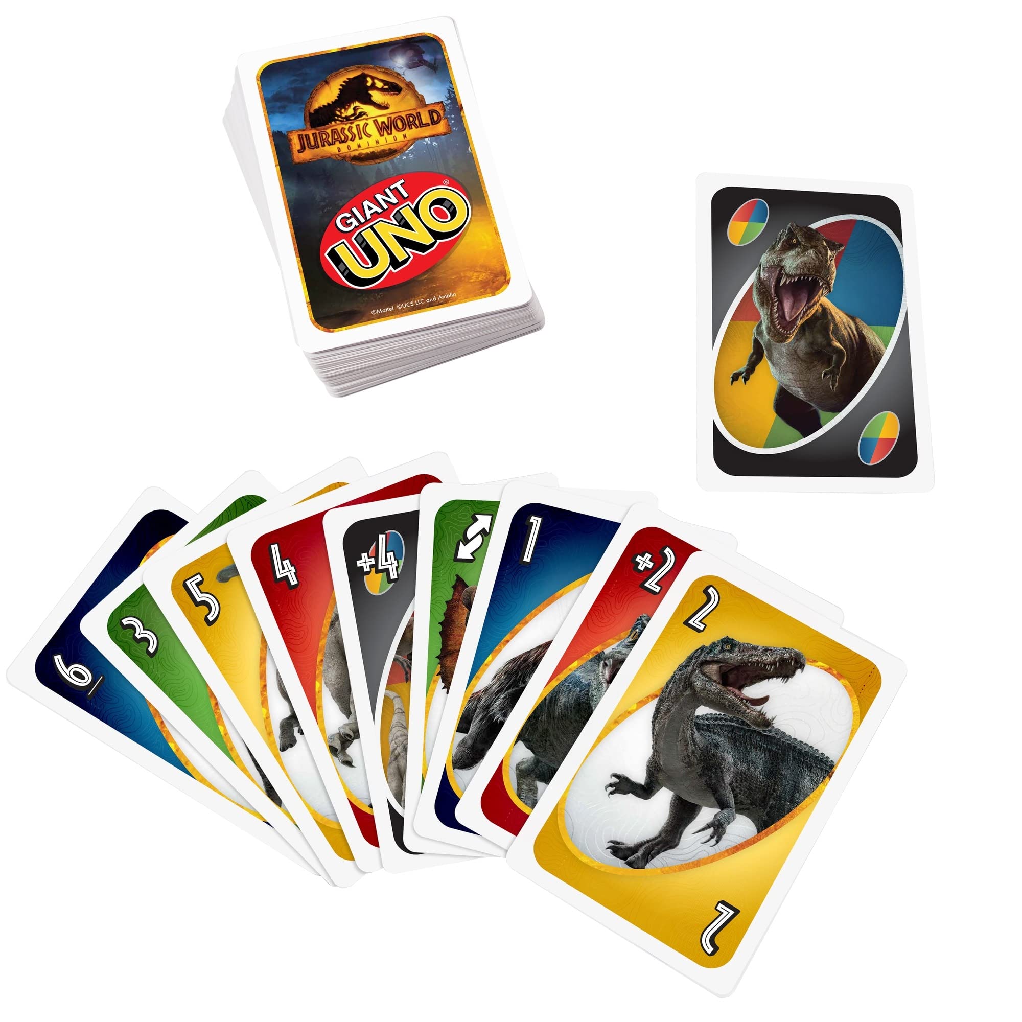 Mattel Games Giant UNO Jurassic World Domination Card Game for Kids & Game Night, Oversized Cards & Customizable Wild Cards