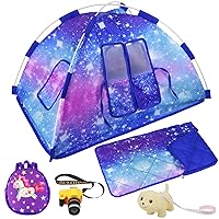 Ecore Fun 5 Items 18 inch Dolls Camping Tent Set and Accessories Including Girl Doll Tent, Sleeping Bag, Backpack, Toy Camera and Dog
