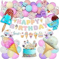 75Pcs Ice Cream Birthday Party Decorations for Girls Kids, Pastel Ice Cream Balloon Garland Arch Kit First Two Sweet Birthday Banner Foil Sprinkle Long Twist Balloons Cupcake Toppers Party Supplies
