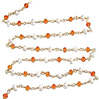 Carnelian & Freshwater Pearl Stone Faceted & Pearl Smooth Rondelle Gemstone Beaded Rosary Chain by Foot For Jewelry Making - 24K Gold Plated Over Silver Handmade Wire Wrapped Bead Chain Necklaces