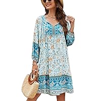 Bluetime Women Casual Summer Dress Boho V Neck 3/4 Sleeve Short Babydoll Floral Print Flowy Beach Dresses