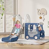 4 in 1 Toddler Slide, Kid Slide for Toddlers Age 1-3, Bus Themed Baby Slide with Basketball Hoop, Indoor Outdoor Slide Toddler Playset Toddler Playground Blue Gray