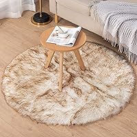 Carvapet Faux Sheepskin Fur Area Rug Round Fluffy Home Decor Floor Mat Circular Bedside Carpet for Bedroom Living Room Soft Circle Kids Play Mat for Nursery, 4ft Diameter, White with Brown Tips