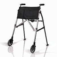 EZ Fold-N-Go Walker, Lightweight Folding Rolling Walker for Adults, Seniors, and Elderly, Collapsable Travel Walker with Wheels, Ski Glides, and Pouch, Compact Standard Walker, Black Walnut