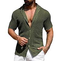Mens Short Sleeve Knit Polo Shirts Vintage Button Down Casual Western Beach Tops