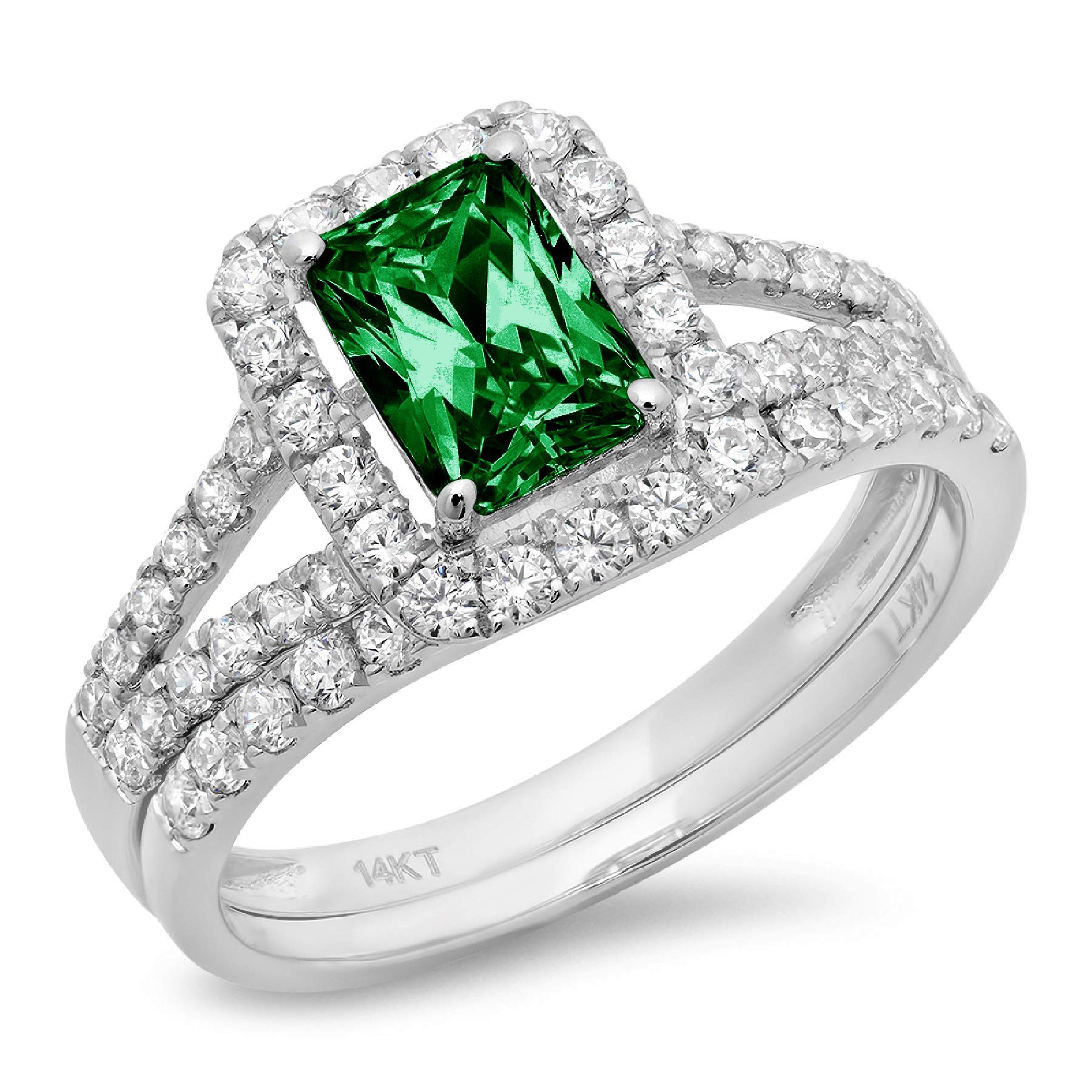 1.54ct Emerald Round Cut Pave Halo Split Shank Solitaire Accent VVS1 Ideal Flawless Simulated CZ Green Emerald Engagement Promise Designer Anniversary Wedding Bridal ring band set 14k White Gold