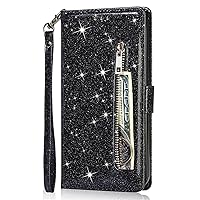 XYX Wallet Case for Redmi Note 13 Pro 5G, Luxury Glitter Zipper Purse PU Leather Flip Phone Cover with Wrist Strap Stand Protective Case, Black