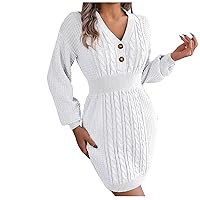 Sale Lantern Sleeve Sweater Dress Womens Cable Knit Fall Dresses Button V Neck Pullover Knitted Dress Balck of Friday Suéter Blanco De Manga Larga White