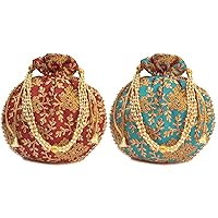 Indian Embroidered Maroon & Turquoise Potli Bag with Pearls Handle Purse Party Wear Ethnic Clutch for Women Combo of 2