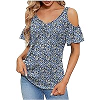 Clearance Fashion Women Summer Tops 2024 Casual Sexy Blouses Cold Shoulder Floral Shirts V Neck Short Sleeve Tshirt Boho Blouses Tee Womens Clothes Work