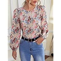 Womens Summer Tops Allover Floral Print Bishop Sleeve Top (Color : Multicolor, Size : X-Small)