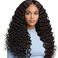%100 Human Hair 13x4 HD Lace Front, Glueless Pre Plucket Pre Cut Frontal Wigs, 180% Density Deep Wave Bleached Knots for Black Women, Wear and Go 24 Inch Curly Wig Brazilian Virgin Full Lace Remy Wig