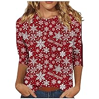 Holiday Shirts for Women Three Quarter Sleeve Vintage Fall Tops Trendy Xmas Printed Crew Neck Blouse Casual Tees