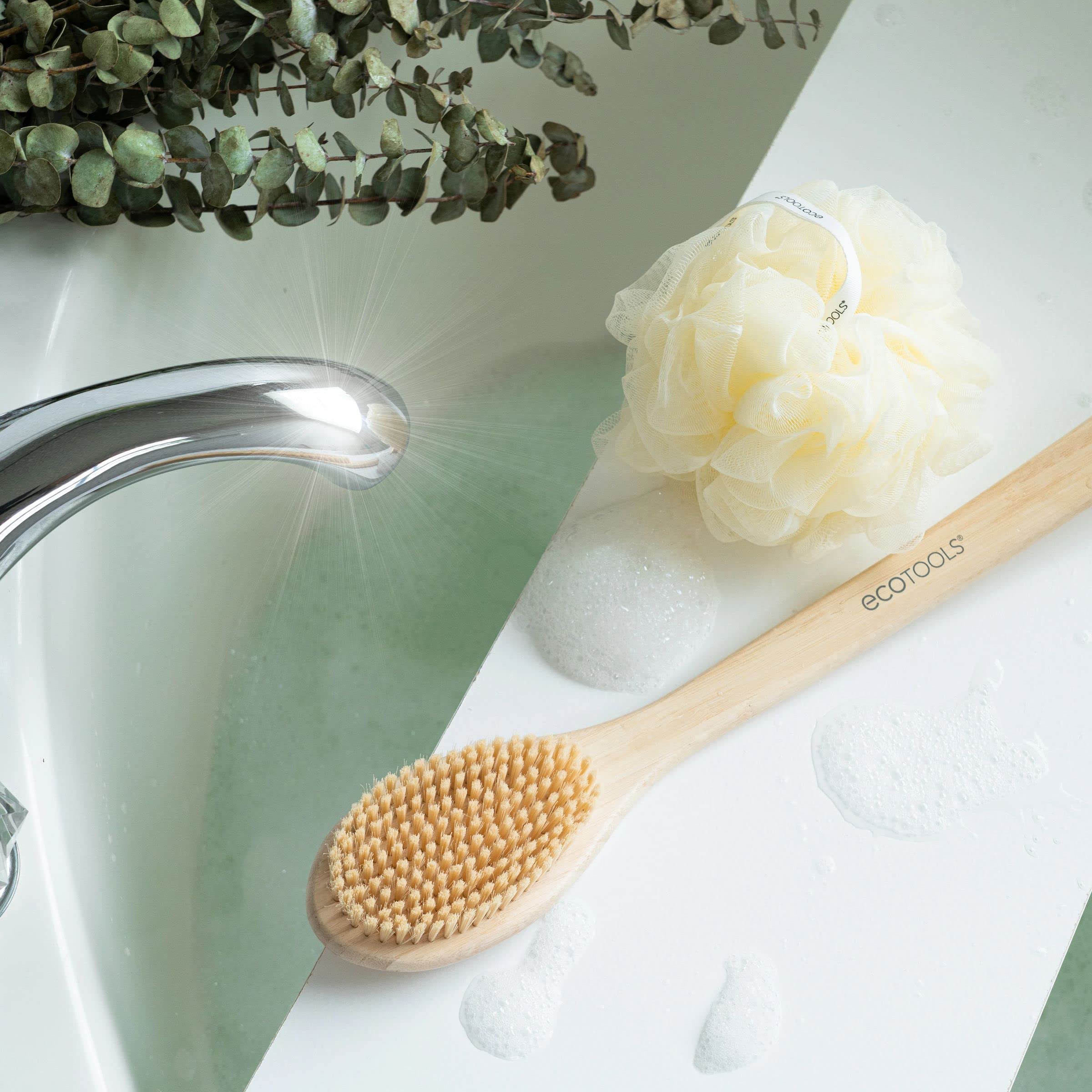 EcoTools Bristle Bath Brush, Shower Body Brush with Gentle, Stiff Bristles, Long Bamboo Handle, Gently Exfoliating for Back & Body, Stimulates Blood Circulation, Eco-Friendly, 1 Count