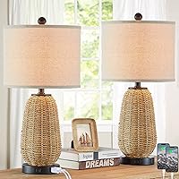 Touch Control Rattan Table Lamps, 3 Way Dimmable Bedside Lamps for Bedroom Set of 2 with 2 USB Ports and AC Outlet, Grass Rope Nightstand Lamps for Living Room Office (2 LED Bulbs Included)