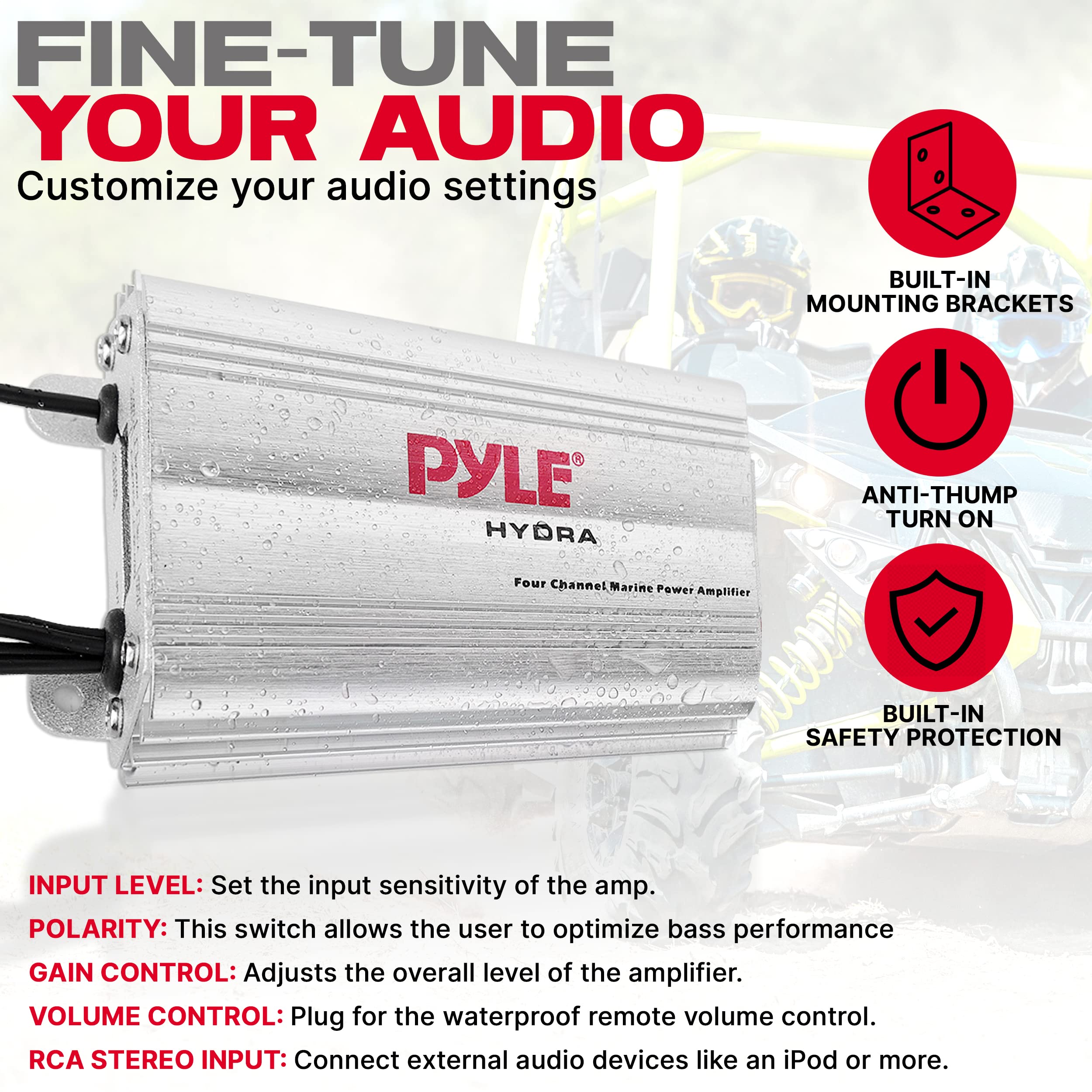 Pyle Hydra Marine Amplifier - Upgraded Elite Series 400 Watt 4 Channel Micro Amplifier - Waterproof, GAIN Level Controls, RCA Stereo Input, 3.5mm Jack, MP3 & Volume Control (PLMRMP3A)