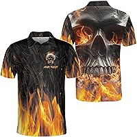 Zhamlixes Store Personalized Name Skull and Fire Polo Shirt S-5XL, Mens Skull Polo Shirts