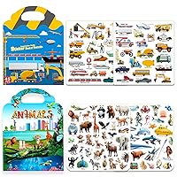 2pack Reusable Sticker Books for Kids 2-4,Vehicle Cars & Animals 3D Jelly Stickers Activity Busy Book for Toddlers Boys Girls Road Trip Airplane Train Car Travel Essentials Toy - 112pcs Stickers