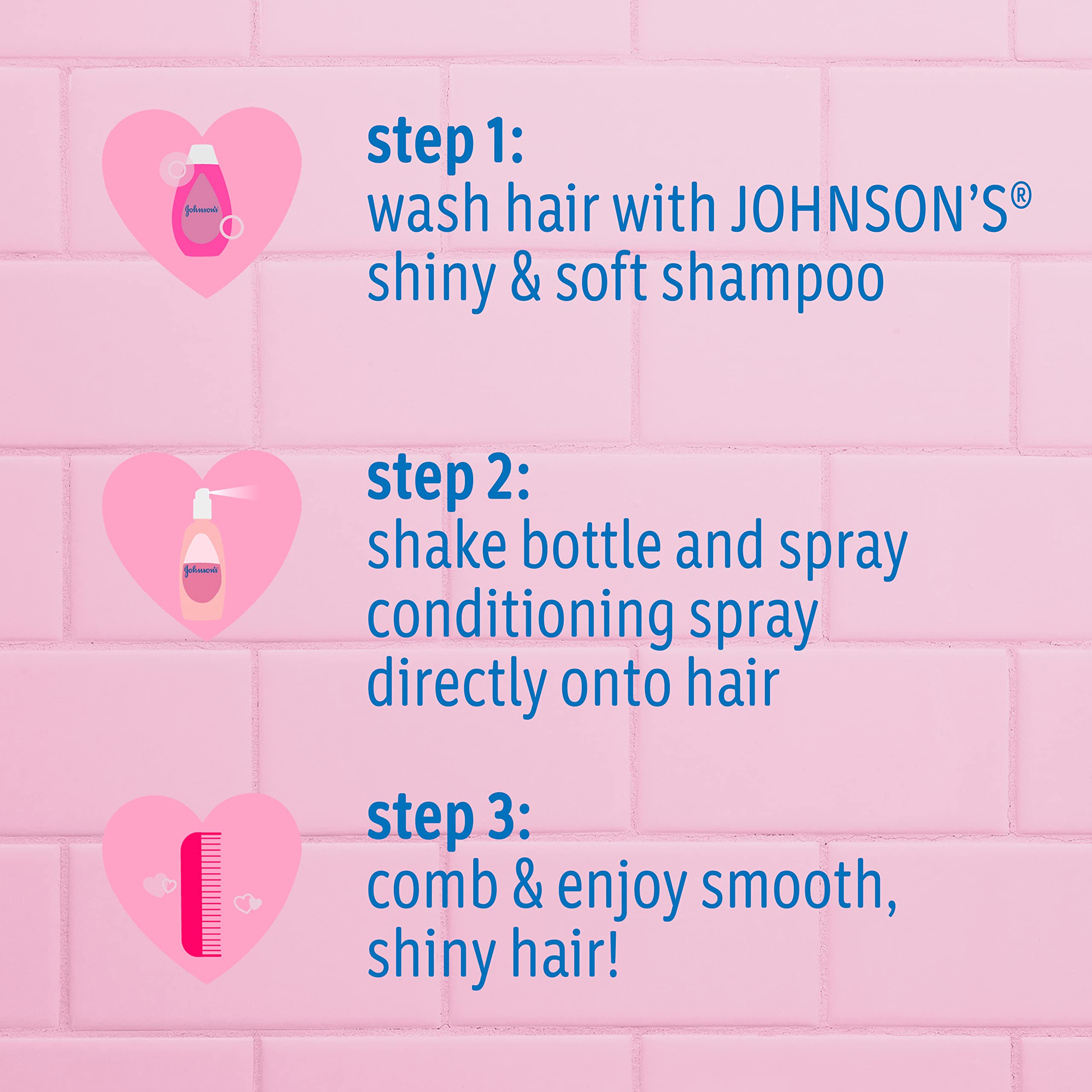 Johnson's Shiny & Soft Tear-Free Kids' Hair Conditioning Spray with Argan Oil & Silk Proteins, Paraben-, Sulfate- & Dye-Free Formula, Hypoallergenic & Gentle for Toddlers' Hair, 10 fl. oz