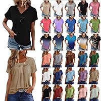 Womens Tops Summer Button Solid Color Ruched Short Sleeve Loose Shirts Basic Dressy Blouse Ladies 2024 Outfits