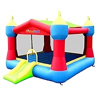 Bounceland Inflatable Party Castle Bounce House Bouncer, 16 ft L x 13 ft W x 10.3 ft H, Basketball Hoop, Removable Sun Roof, UL Strong Blower included, Fun Slide and Bounce Area, Castle Theme for Kids