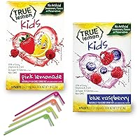 True Lemon Packets Bundle - With (1) 10 count boxes of Pink Lemonade Water Flavoring Packets, (1) 10 count box Blue Blue Raspberry Drink Mix and (4) Wyked Yummy Flexible Bendy Straws to make drinking your water fun!